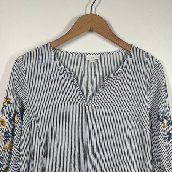 J.Jill Top Women MP Blue Cotton Tunic Striped Yellow Floral Embroidery Spring - Picture 3 of 8
